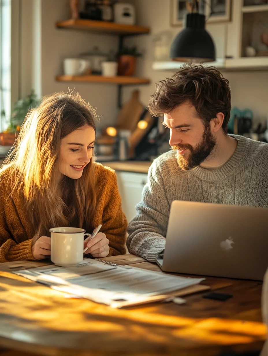 Couple reviewing budget together on laptop