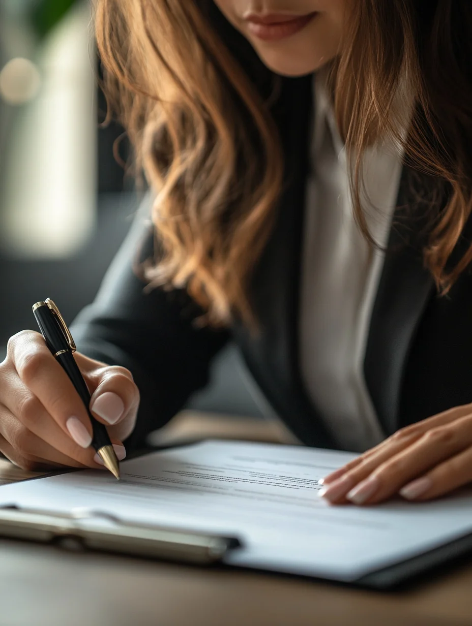 Professional woman signing premium loan agreement